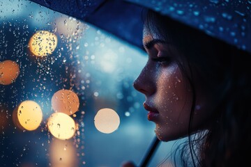 Woman with umbrella in rain poetic portrait