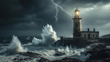 Defiant Beacon: Weathered Lighthouse Endures a Ferocious Lightning Storm