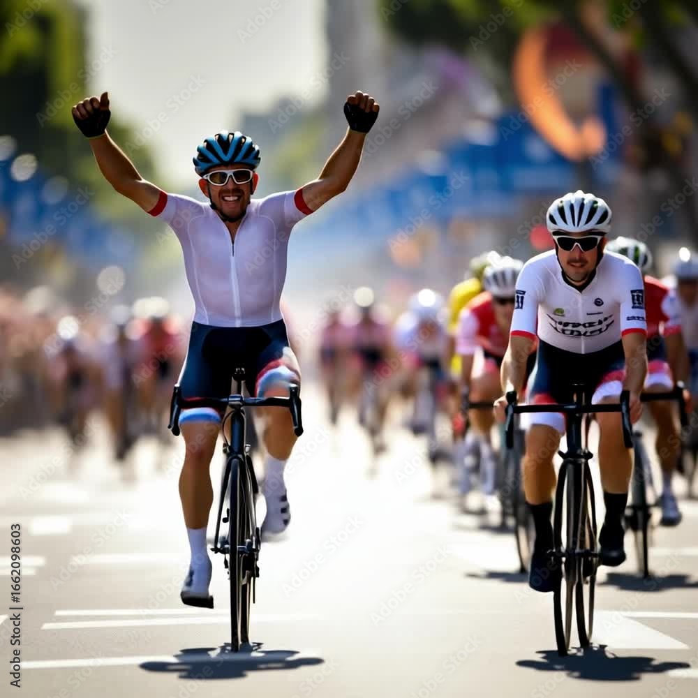 Poster dynamic video still of two cyclists racing on a sunny street, captured from a low angle, emphasizing