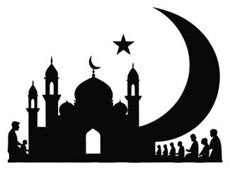 Silhouette of mosque with crescent moon and star for islamic theme