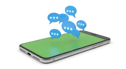 Smartphone with blue speech bubbles on green screen isolated on white background