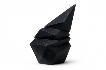 Black crystal sculpture with sharp edges rotating on transparent background, creating a unique and modern art piece