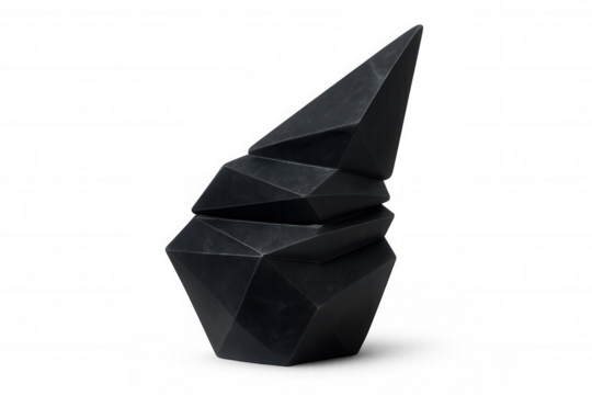 Black crystal sculpture with sharp edges rotating on transparent background, creating a unique and modern art piece
