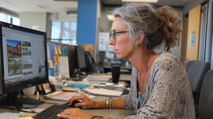 Donna matura con capelli grigi lavora al computer in ufficio moderno, attività digitale e ufficio professionale, ufficio pubblico