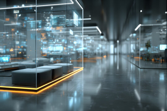 Modern neon cyberpunk open space office interior blurred with information technology overlay. Corporate strategy for finance, operations, marketing. Generative AI technology