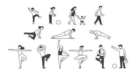 stick figure poses showcasing people in various actions like yoga walking and ballet ideal for minimalist design projects and infographic elements