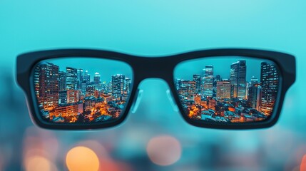 Augmented reality glasses, user viewing overlay, cityscape background, future interaction