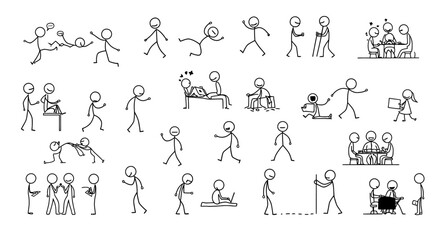 stick figures depicting varied activities and interactions in line art creating a visual story ideal for minimalist design and explainer content.
