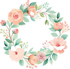 Delicate watercolor floral wreath with peaches and pink roses