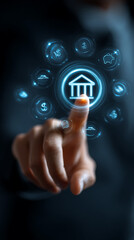 Finger touching glowing bank icon with financial symbols in digital interface hand pressing