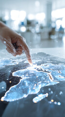 Finger touching glowing digital map of Africa with network connections overlay technology data