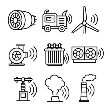 Outline Power Generation Icons. Outline style icon of Power Generation Noise: gas turbine, diesel generator, wind turbine blade,