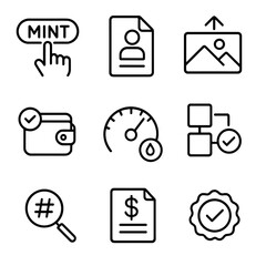NFT Minting Workflow Icons. Outline style icon of NFT Minting Workflow: mint button, metadata form, upload image, wallet sign