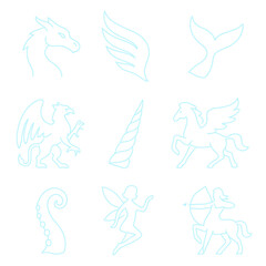Mythical Creature Icons. Outline style icon of Neon Mythical Creatures: dragon profile, phoenix wing, mermaid tail, griffin stance