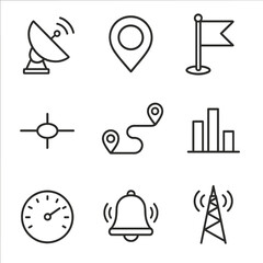 GPS Navigation Icons. Outline style icon of GPS Navigation Functions: satellite dish, position fix icon, waypoint flag, route leg
