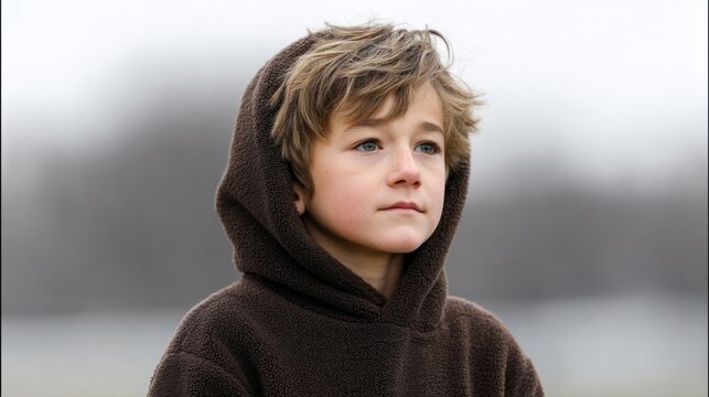 Thoughtful young boy in brown hoodie outdoors reflecting on nature's beauty