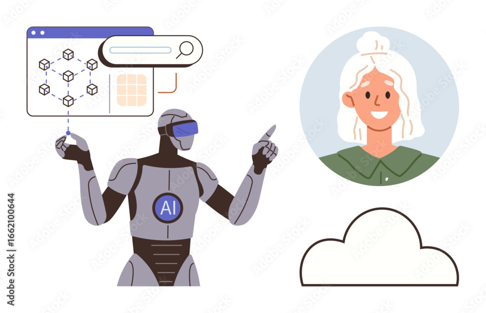 Poster ai robot with futuristic design interacting with search interface, human profile, and cloud icon. id