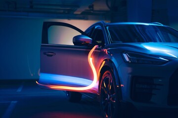 Modern electric car charging at night with glowing orange cable and blue light reflections in parking garage