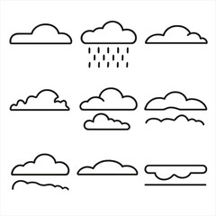 Stratiform Layer Icons. Outline style icon of Stratiform Layers: low stratus sheet, uniform gray deck, drizzle veil, ragged