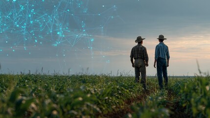 agri business, two farmers in a field, one with a tablet, digital overlay graphics, digital agriculture, smart farming, 16:9