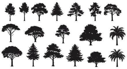 Fototapeta premium tree silhouettes diverse tree silhouettes in black isolated on white for landscape design elements illustrating nature and graphics ideal for design.