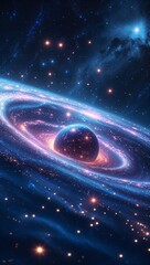 Glowing Planet Surrounded by Spiral Galaxy of Stars in Deep Space