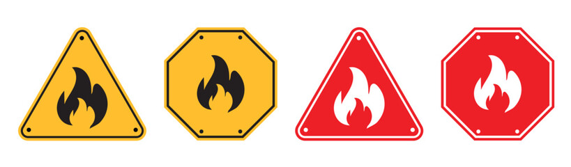 Fire warnings. Fire flame in triangle Sign. hazard warning sign set, indicating flammable gases, aerosols, liquids or solids symbol.