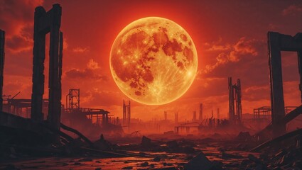 Apocalyptic Red Moon Rising Over Ruined Cityscape