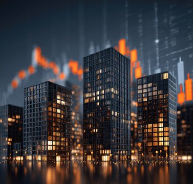 City skyline at night, financial data overlay
