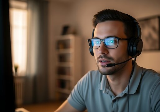 Man wearing glasses and a headset, looking at a computer screen, possibly working from home.