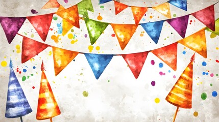 Obraz premium Vibrant Watercolor Party Bunting and Cones Festive Background