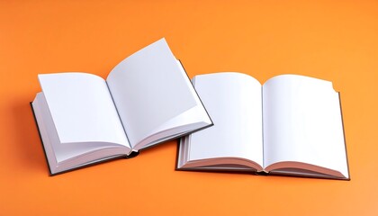 Two open books on an orange surface