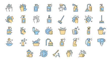 cleaning icons depicting household chores and hygiene practices in a modern vector design suitable for illustrating cleanliness and sanitation guidelines