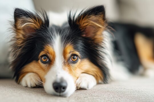 Cute border collie dog lying on the sofa in a well-lit living room, looking at the camera, close-up portrait Cute Shetland sheepdog resting and playing with its paws under its head Generative AI