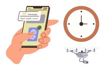 Smartphone security check with hand scanning fingerprint, brown clock showing time, small multi-rotor drone. Ideal for security, technology, innovation, delivery, time management, efficiency online