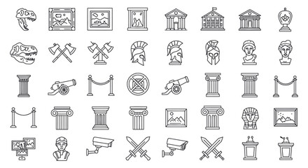 Museum exhibit icons showcasing historical artifacts including sculptures dinosaur fossils and artwork ideal for cultural heritage and educational purposes.