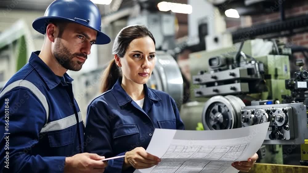 Poster two engineers in blue uniforms and helmets review blueprints in a factory. the video uses a medium c