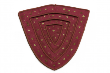 Golden-trimmed red shield symbolizing protection, security, featuring geometric heraldic design against transparent backdrop