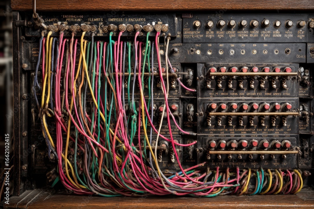 Poster antique switchboard with chaotic wiring in factory. shows disarray, use for metaphor