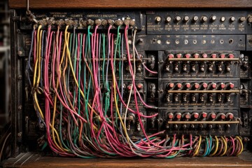 Antique switchboard with chaotic wiring in factory. Shows disarray, use for metaphor
