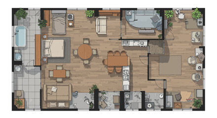 apartment floor plan showing open concept living space with natural light and balcony ideal for architectural design projects and real estate marketing © DigitalStock