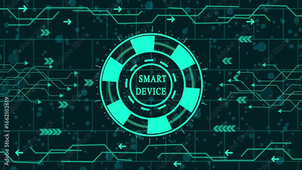 Poster futuristic smart device animation, digital connected device interface, smart gadget hud motion, inte