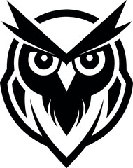 Bold monochrome owl portrait in a contemporary geometric style, reflecting power and sharp vision, suitable for a distinctive mascot or unique brand identity.