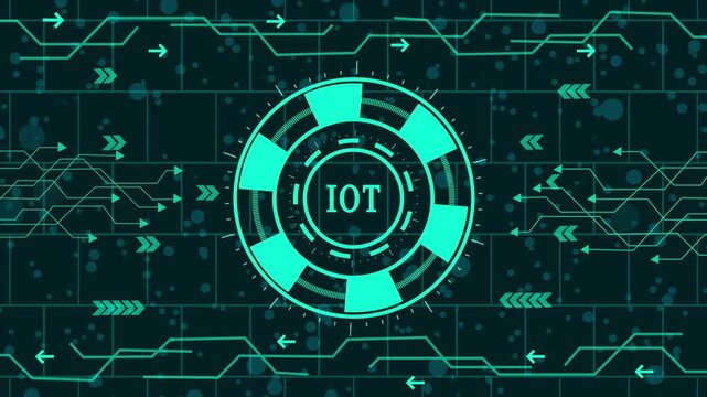 futuristic internet of things (iot) and smart device network animation, digital iot connectivity and sensor data communication interface, high-tech smart city and iot infrastructure visualization hud