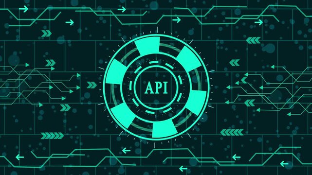 futuristic api integration and software communication animation, digital application programming interface and data exchange hud, high-tech api development and system connectivity platform interface