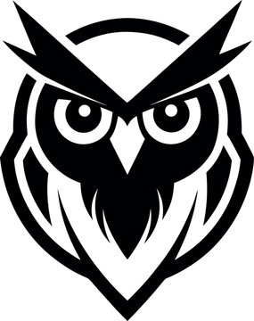 Bold monochrome owl portrait in a contemporary geometric style, reflecting power and sharp vision, suitable for a distinctive mascot or unique brand identity.