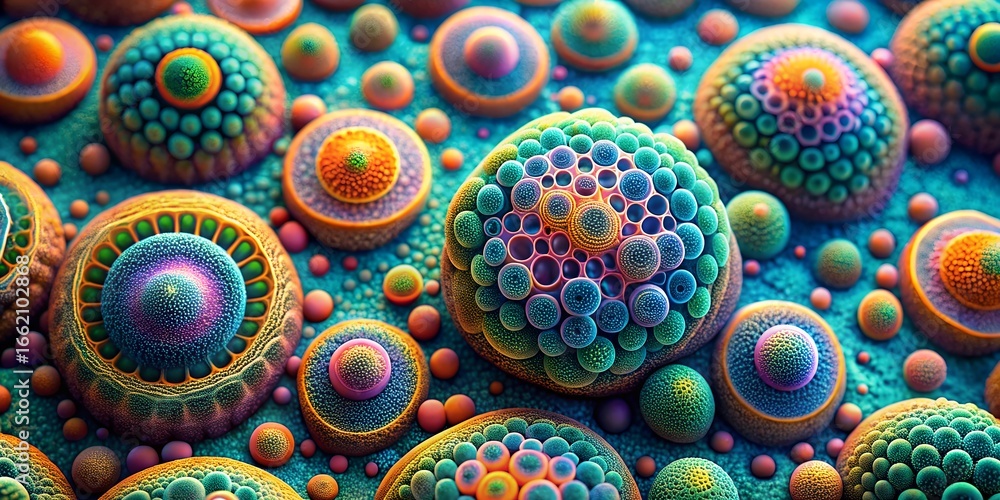 Poster a mesmerizing display of cellular structures, showcasing a vibrant and colorful microscopic world, p