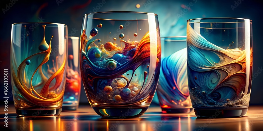 Poster abstract art featuring colorful liquid in glasses, creating a dynamic and artistic design with fluid
