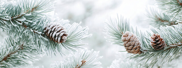 Snow-covered pine branches glisten in a winter wonderland, showcasing the beauty of frost during Christmas