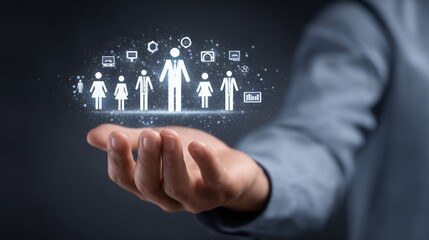 Businessman Holding Digital Human Resources Icon in Hand with Network and Data Graphics